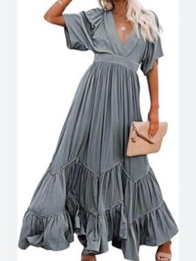 Slate Blue V-Neck Flutter Sleeve Maxi Dress Size S